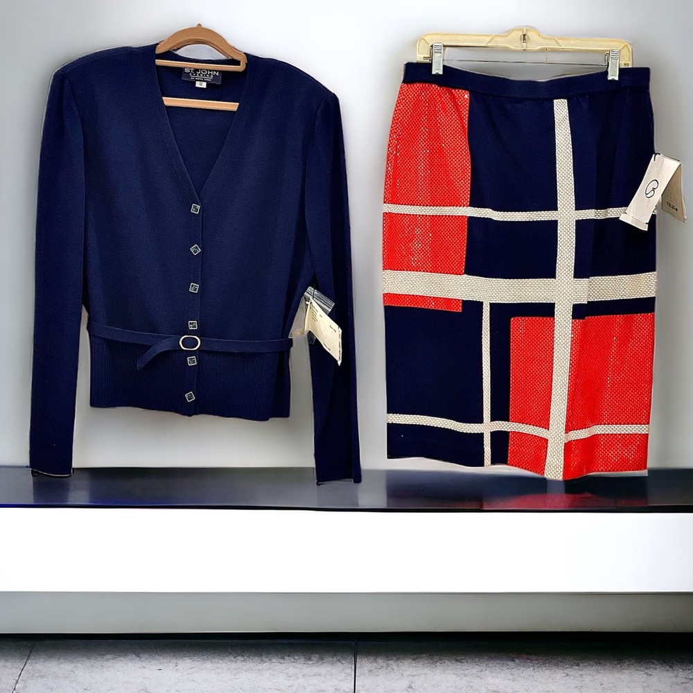NWT $1195 St John Evening by Marie Gray knit embellished skirt and cardigan set